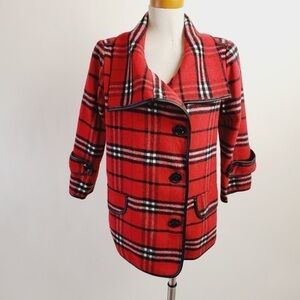 For Cynthia Plaid Red and black Winter pea coat with large buttons